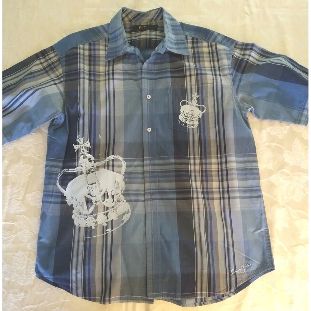 Sean John Shirt Men XL Shades of Blue Short Sleeve Button Up Hip Hop Crown(E#16)